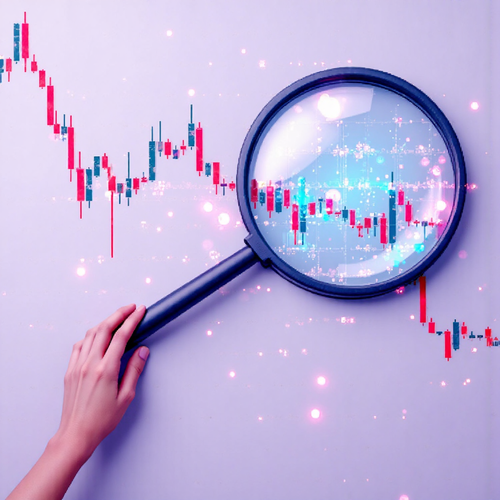 股票分析圖像，放大鏡檢視股票圖表