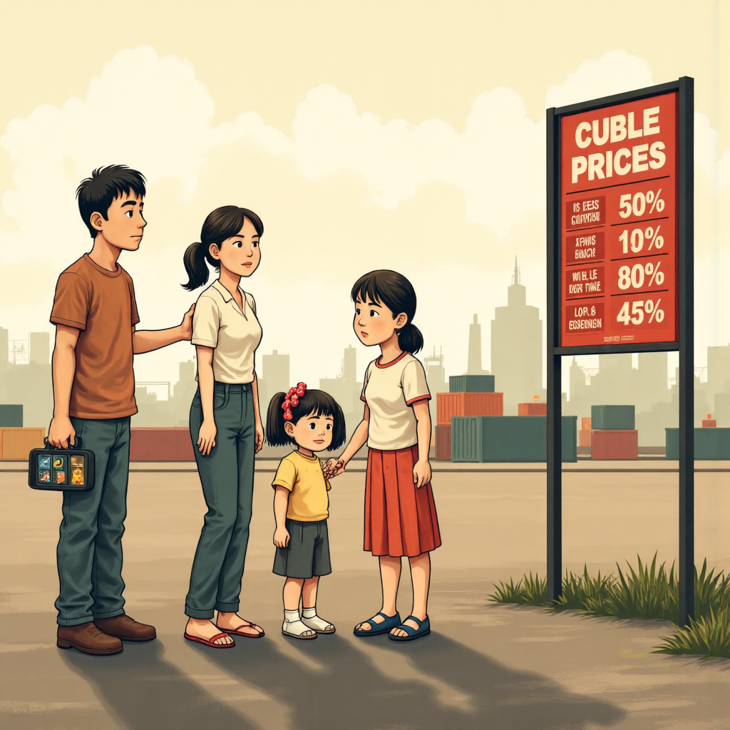 美國原油價格影響台灣經濟與日常生活的像素藝術場景，描繪家庭關切油價與產業背景