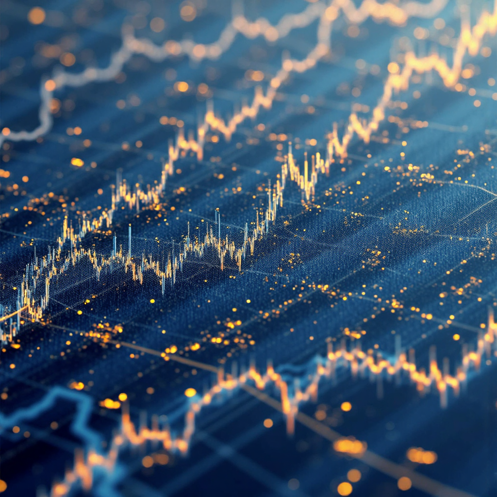 抽象金融圖表視覺化，流動線條與互聯節點象徵數據流動與市場情緒，採用柔和藍金色調的數位藝術風格