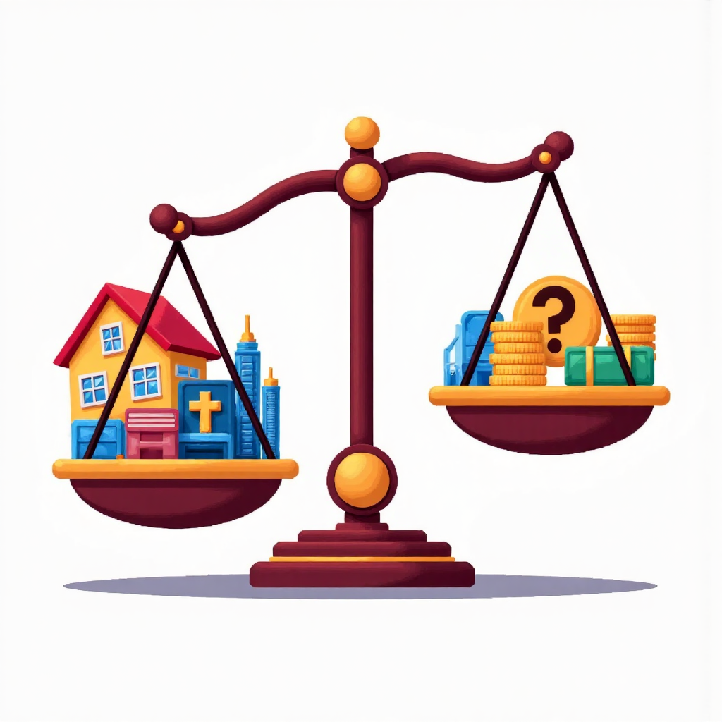 像素藝術風格的平衡秤,一側擺放房屋、股票和金幣等資產,另一側為問號,象徵資產定義與價值的探索