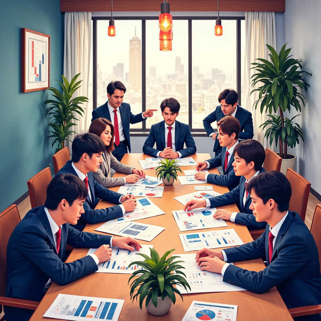 台灣投資人討論財務報告與圖表的像素藝術插圖,合作氛圍