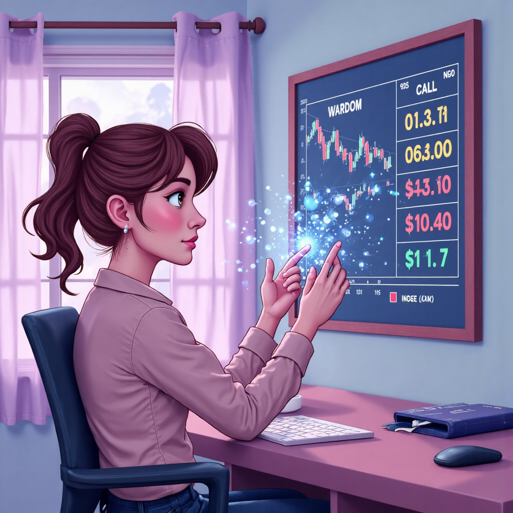 初學投資者觀察期權合約圖表,買權與賣權符號發光,象徵智慧與機會的像素藝術風格