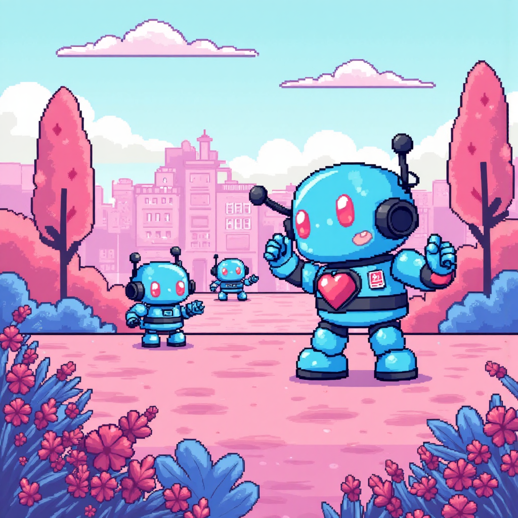 可愛數據封包在數位景觀中旅程，一個封包被友好機器人守衛掃描進行奇偶校驗，採用柔和粉彩色與歡樂氛圍的像素藝術