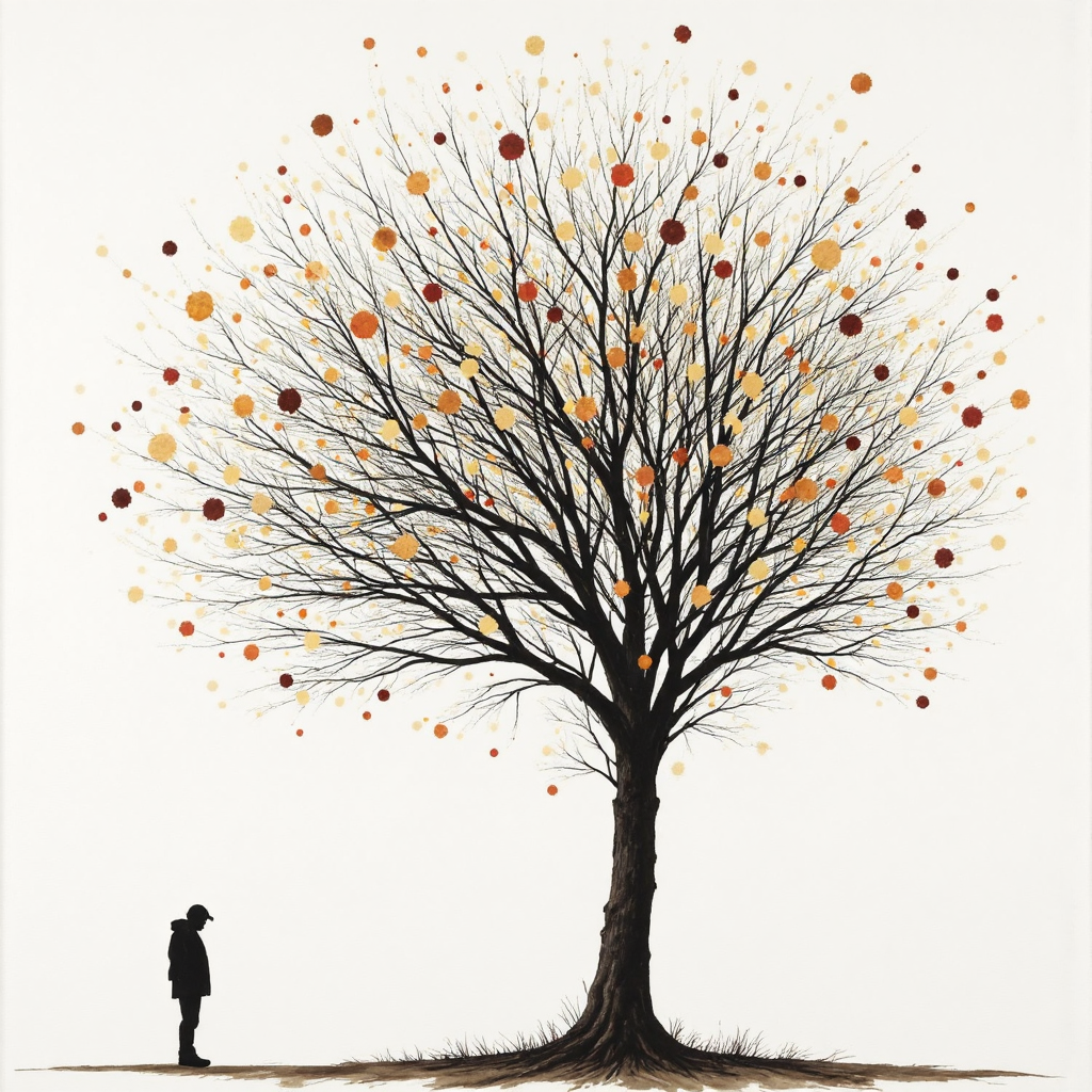 抽象水彩畫風格的心理連結:單一心靈與社會慾望網絡的交織,柔和線條與沉靜色調