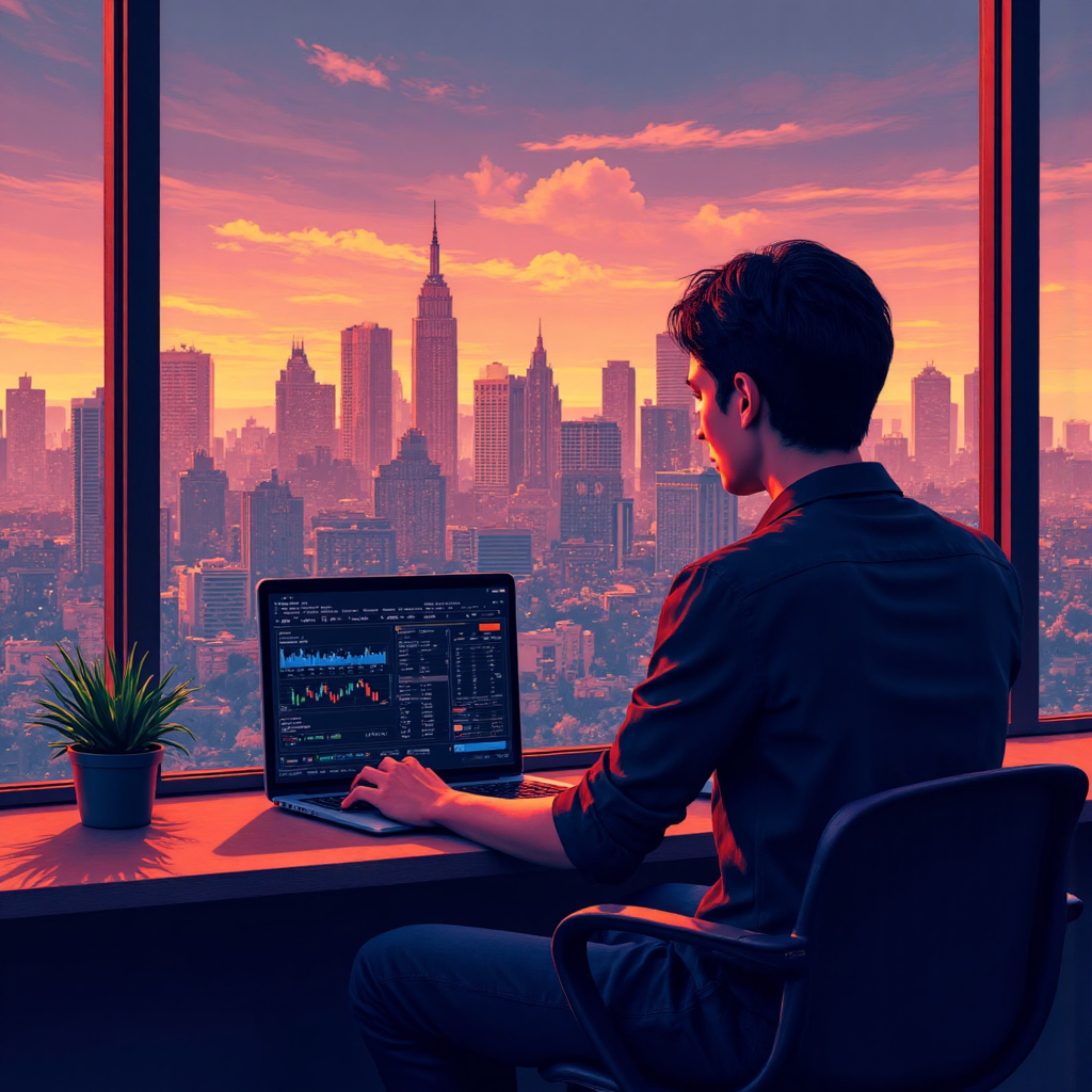 分析金融圖表的像素藝術插圖,背景為發光的城市天際線,象徵機會與成長