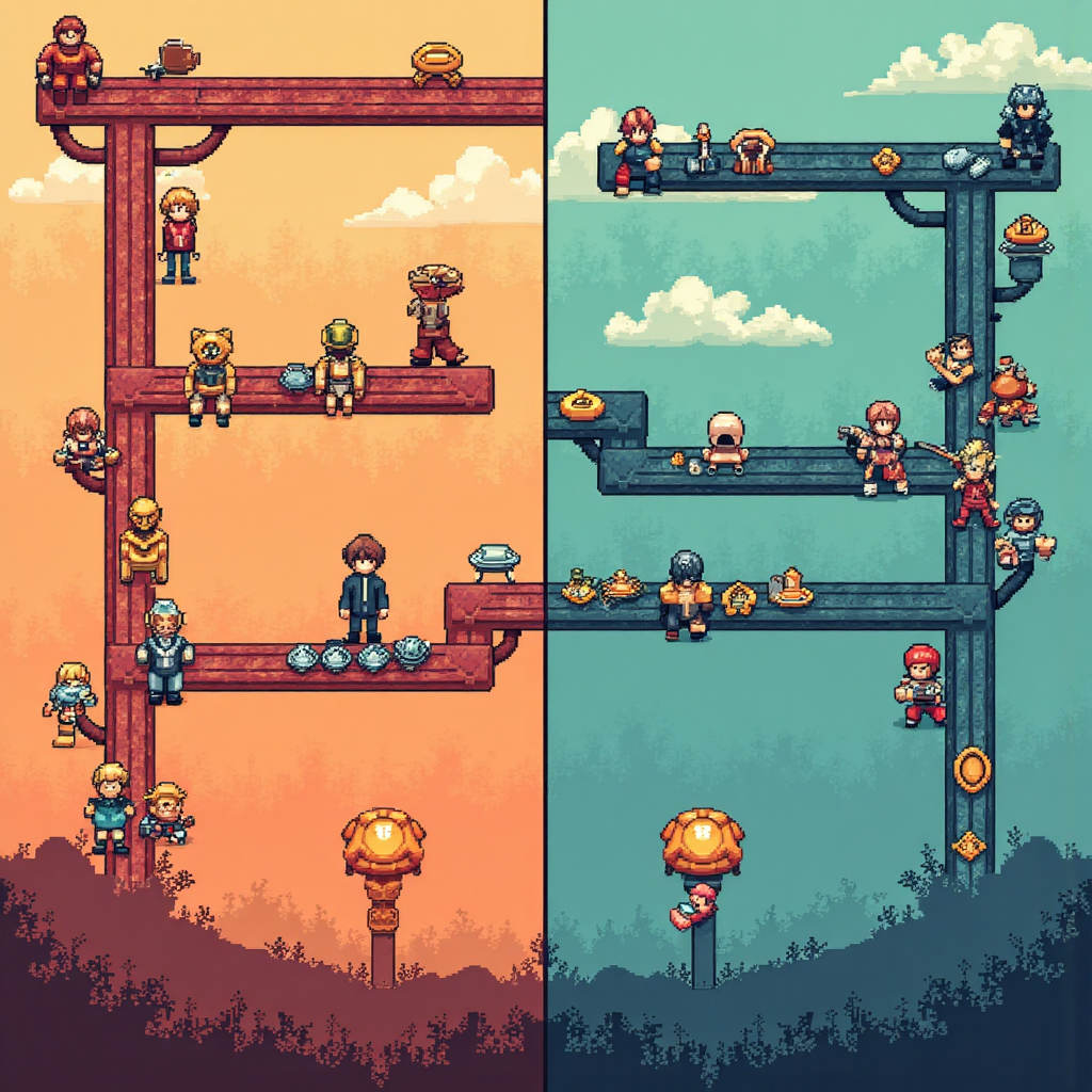 分裂螢幕顯示有限風險的安全路徑與獲利虧損的分支可能性,金融符號互動的像素藝術插圖