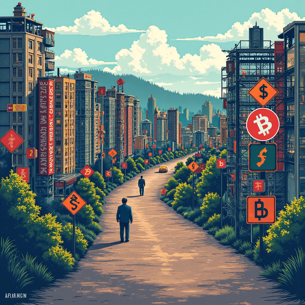 新手投資者探索比特幣的像素藝術插圖,數位景觀中充滿加密符號與風險警示