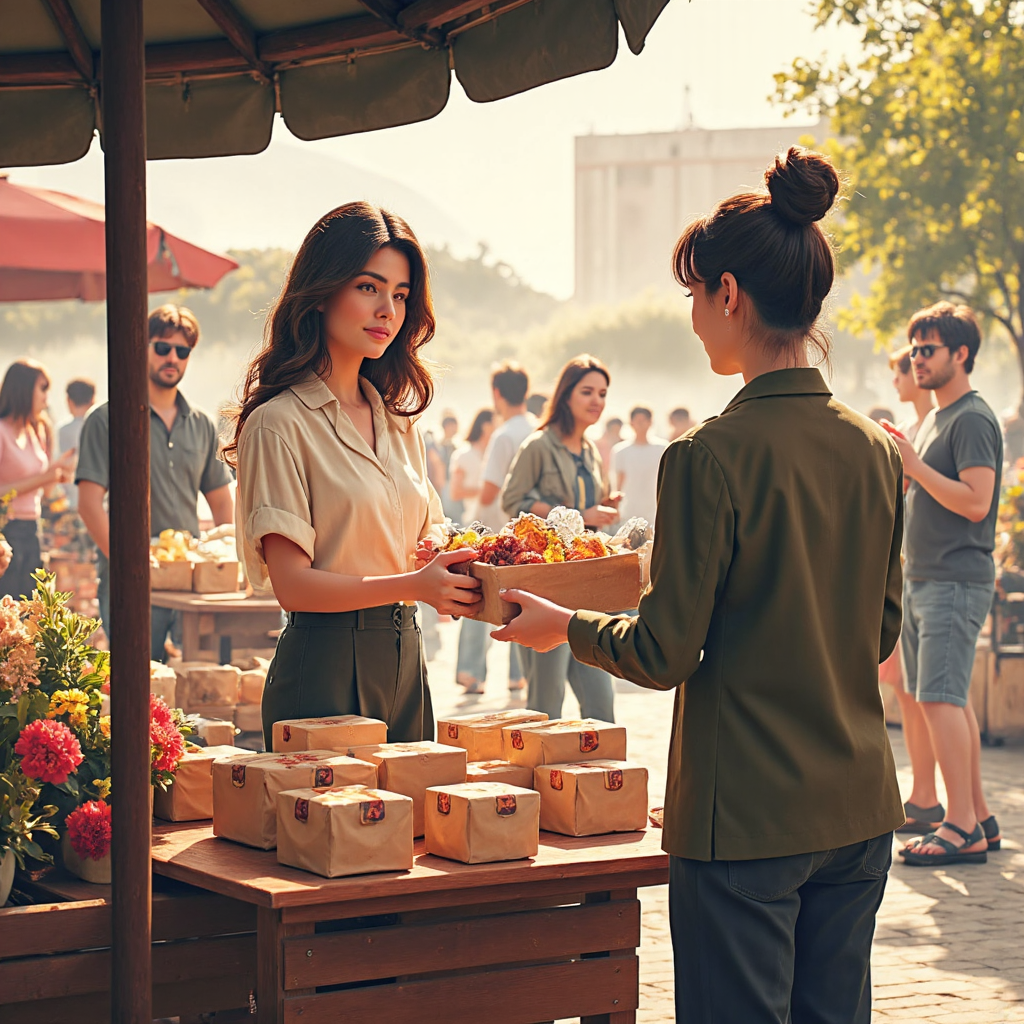 像素藝術風格的人在熱鬧的戶外市場自信遞交包裝整齊的物品
