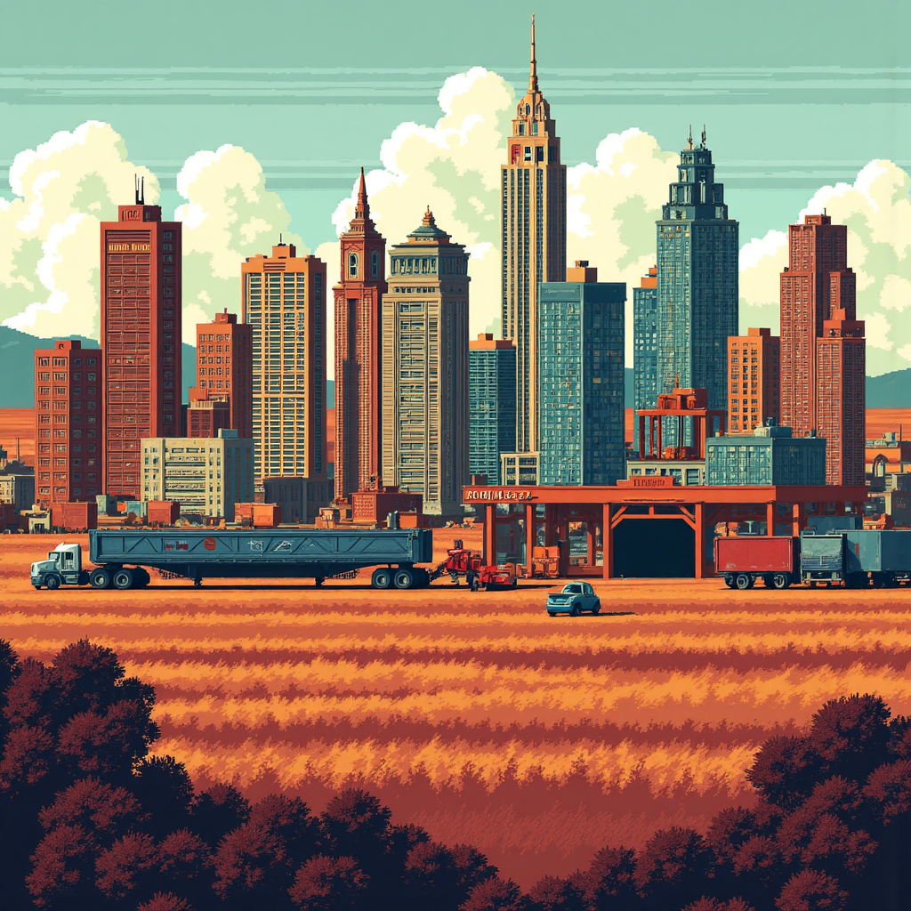 全球商品如鐵礦砂與澳洲景觀、美國城市天際線的藝術渲染