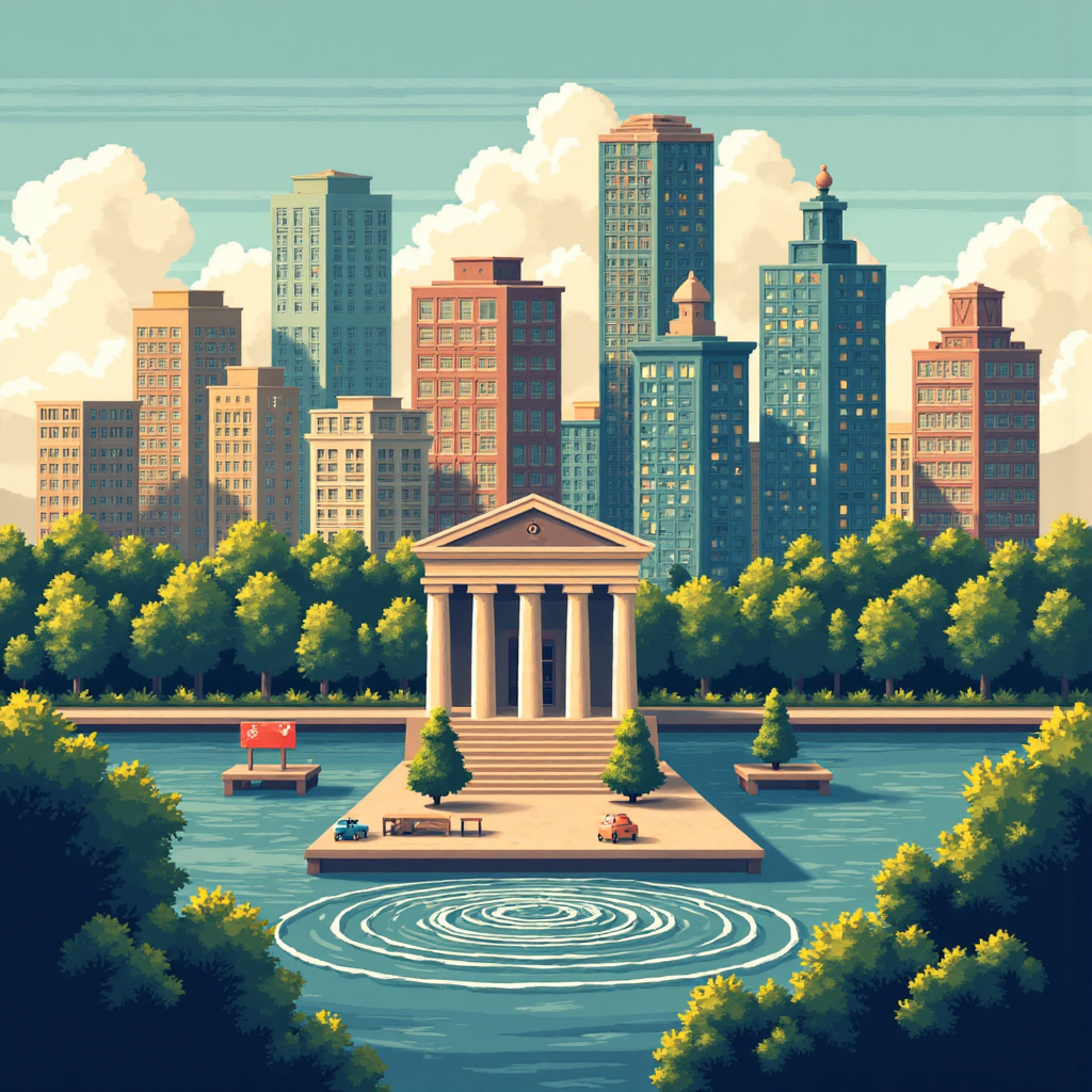 中央銀行釋放漣漪影響金融景觀的像素藝術視覺隱喻,溫暖誘人光芒