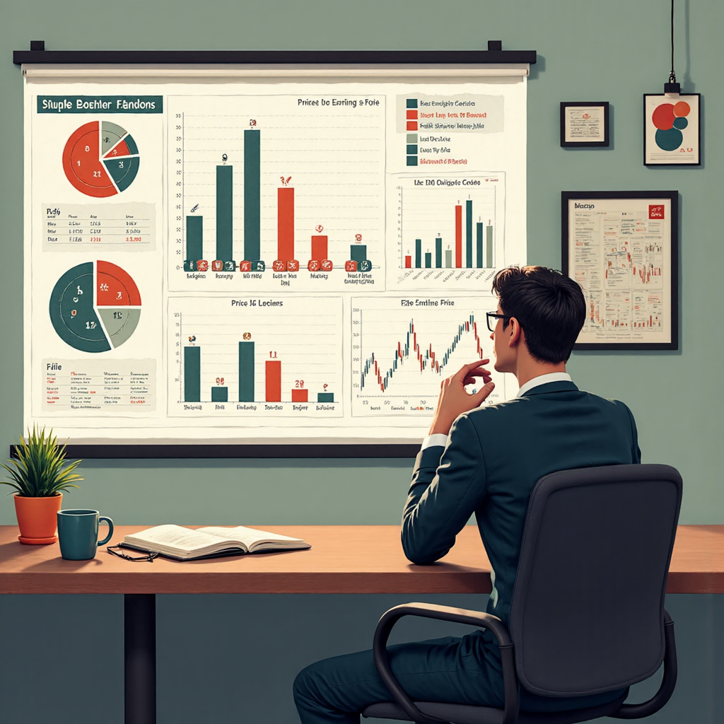 財務分析師檢視本益比組成要素的資訊圖像素藝術插圖,交易市場背景