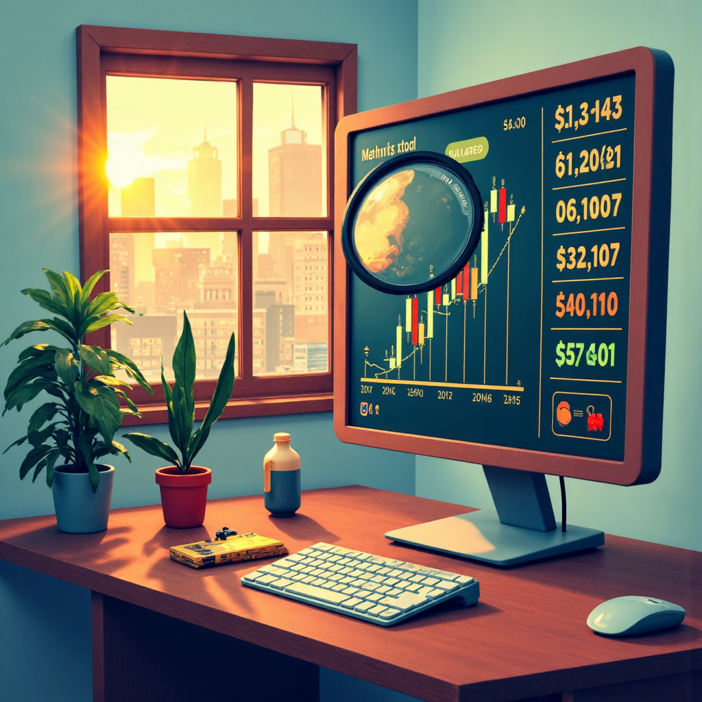 本益比股票圖表放大鏡像素藝術插圖,陽光普照的樂觀氛圍