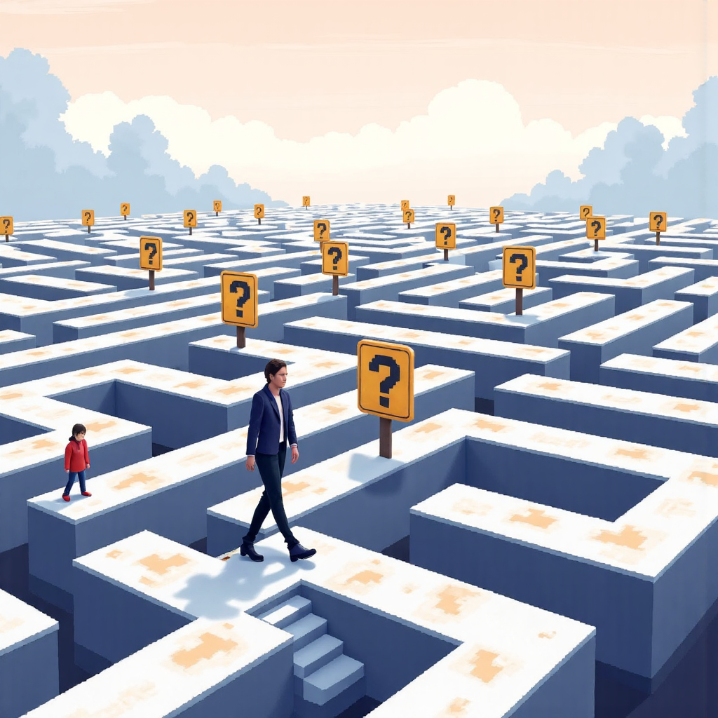 一位人在充滿問號和警示標誌的迷宮中平靜前行,象徵不確定性和潛在陷阱的像素藝術插圖