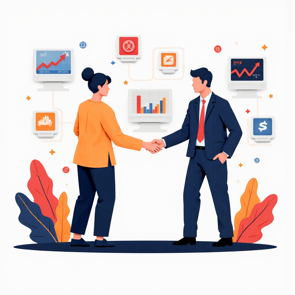 交易員與安全數位平台握手的像素藝術插圖,周圍環繞貨幣圖表與財務數據,使用鮮豔色調