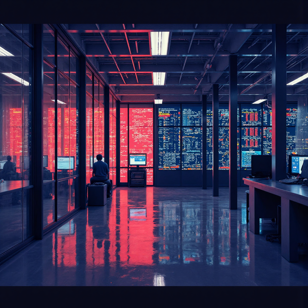 未來城市景觀中發光數據流連接股票市場標示，強調速度與演算法的高頻交易概念