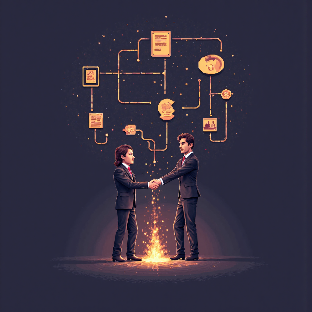 像素藝術風格描繪信用違約交換 CDS 買賣雙方握手交換風險的圖像