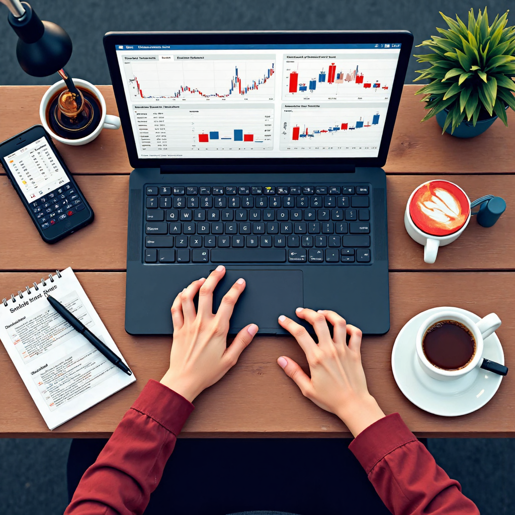 市場分析工作桌上的筆電顯示財經圖表與行事曆的像素藝術俯視圖