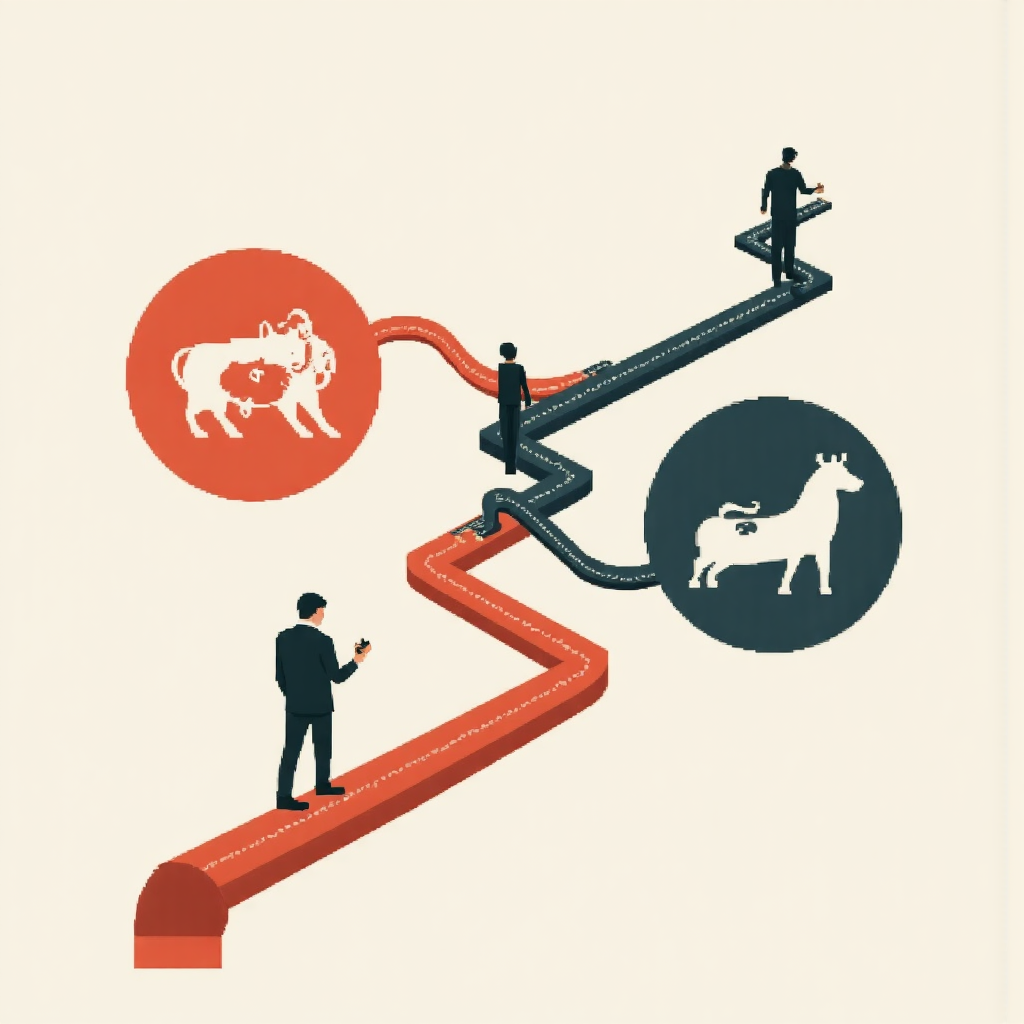 代表買權和賣權的兩條不同路徑，從中心點分歧，帶有方向箭頭，上面有市場符號象徵看漲和看跌情緒