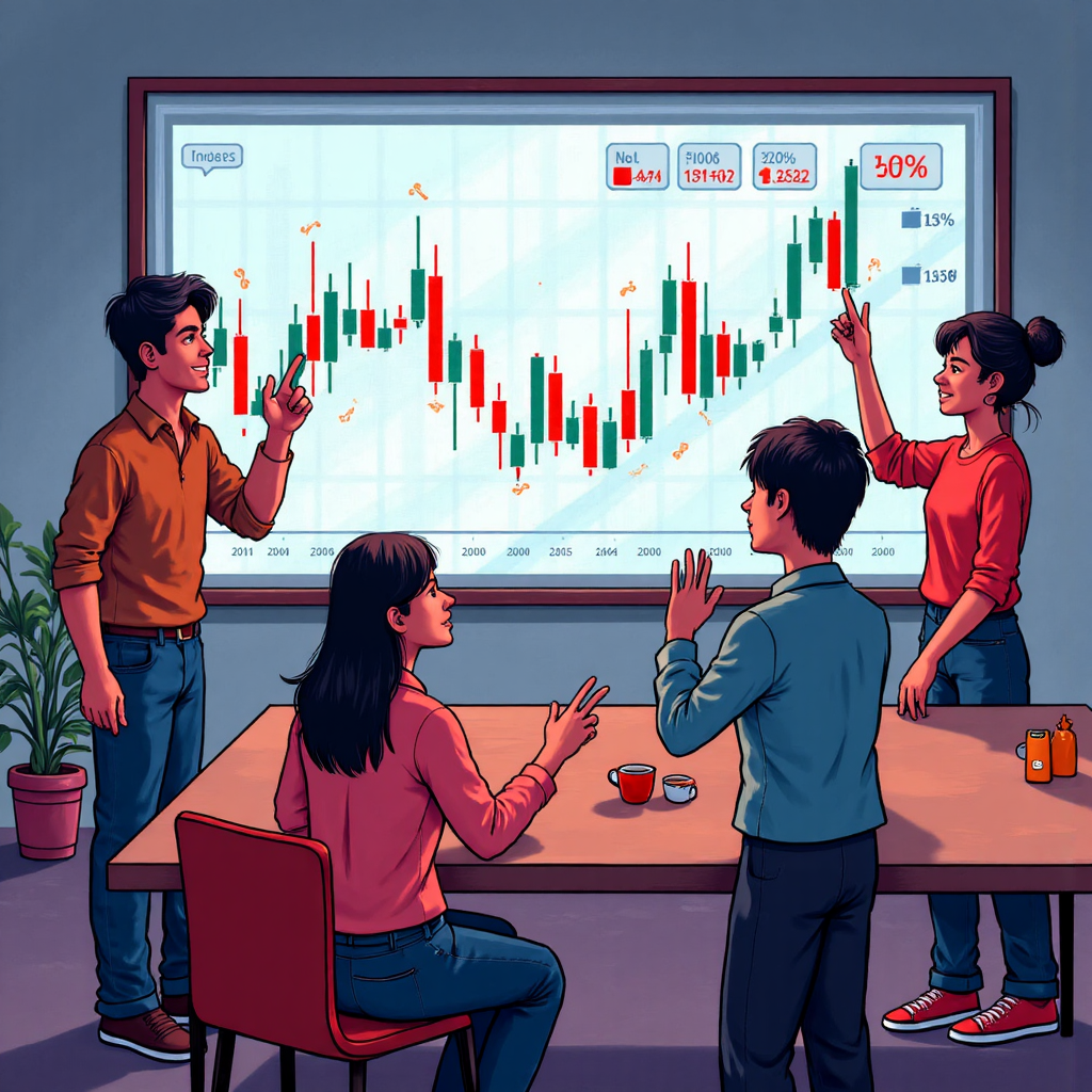 台灣投資者興奮觀看動態K線圖的像素藝術插圖,展現市場情緒與趨勢箭頭