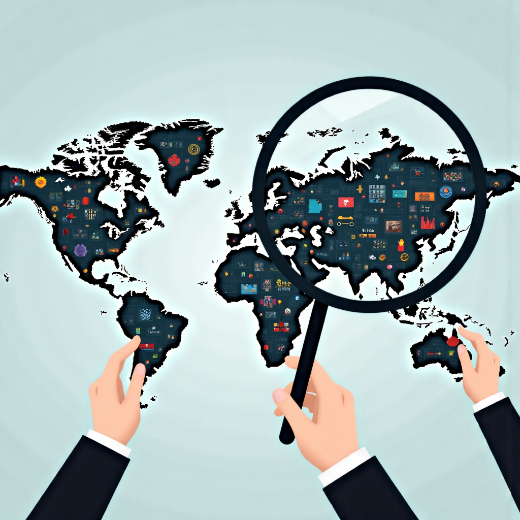 放大鏡檢視全球金融符號與地圖連結的數字插圖,強調經濟互聯性