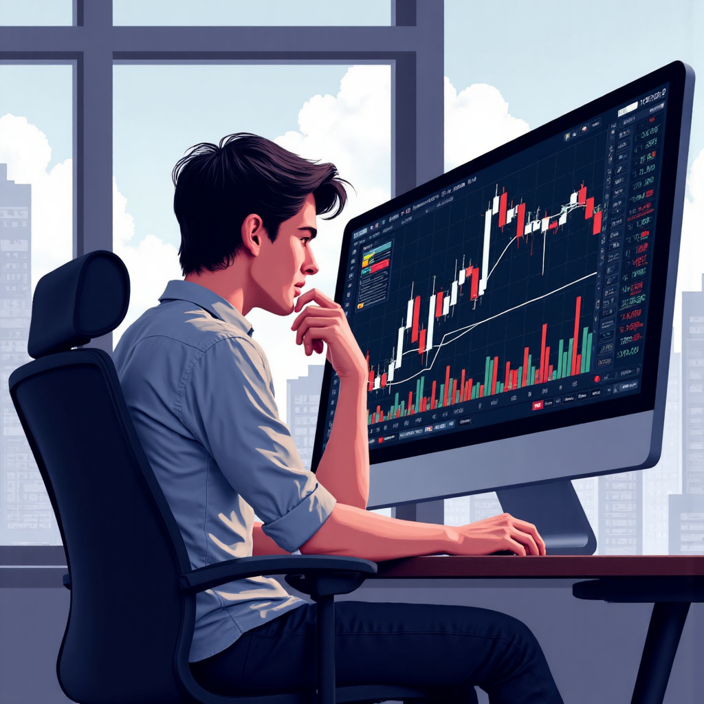 交易者整合移動平均與RSI等指標分析K線圖的風格化像素藝術插圖,背景為城市景觀