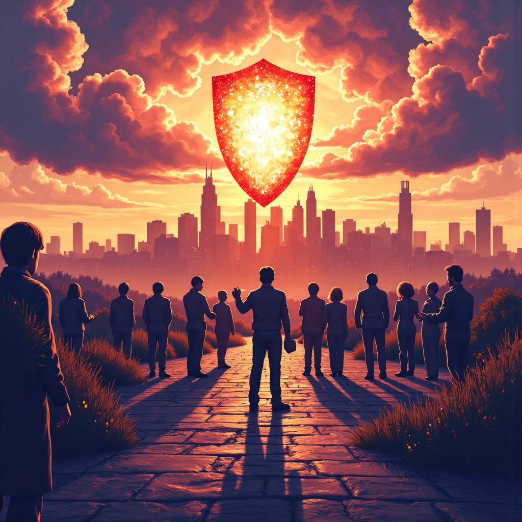 社區合作建造堅固盾牌保護城市免受風暴雲和數位威脅的活力插圖,象徵韌性和防護