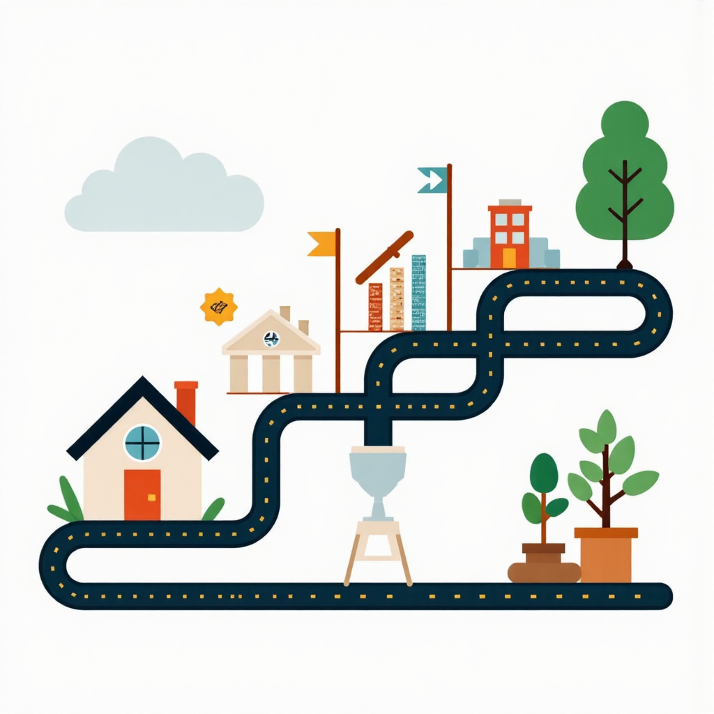 像素藝術風格的金融路線圖,包含房屋、成長植物和股票圖表等資產圖示,象徵個人財務規劃與資產累積