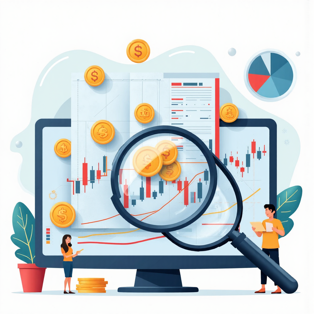 放大鏡檢視股票圖表,揭示投資機會與獲利路徑