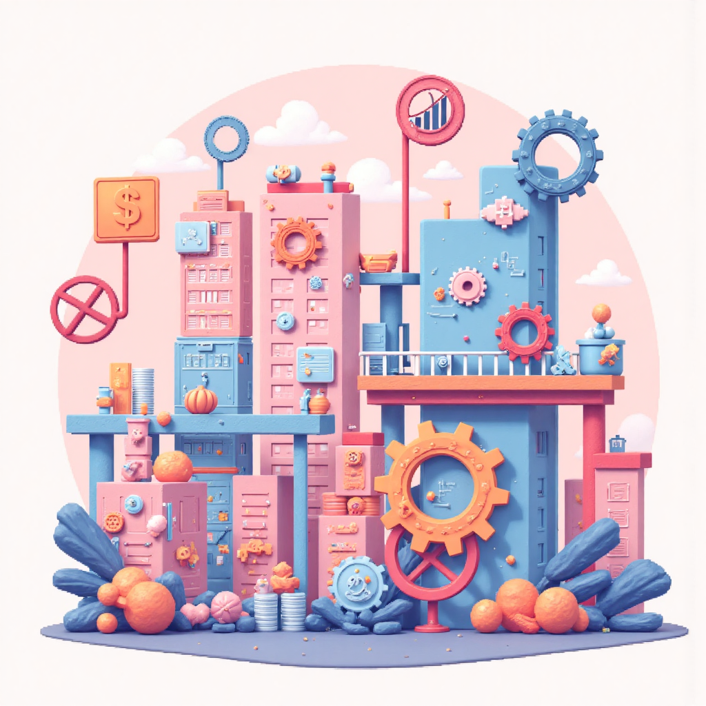 基準利率影響貸款和儲蓄的像素藝術插圖,柔和粉彩色調的金融市場互聯齒輪