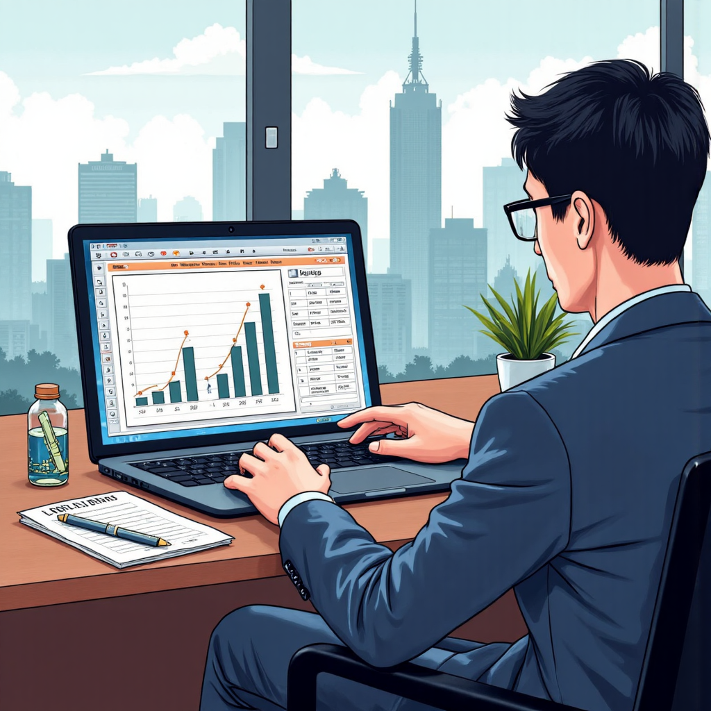 ArsMJStyle, Pixel Art, fewP, The pixelation is subtle, creating a modern pixel art game look. illustration of a magnifying glass focusing on a pie chart showing profit division with a distinct slice highlighted as gross profit with soft warm lighting and a clear background
