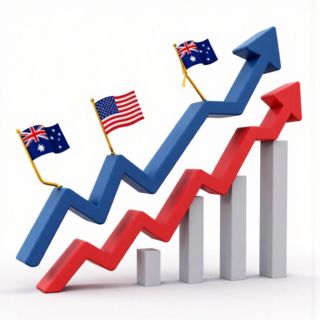 AUD/USD 匯率走勢圖，融入澳洲與美國國旗的像素藝術