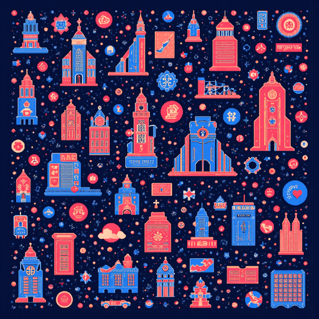 多樣金融市場的風格化像素藝術插圖,包括股票、外匯和加密貨幣,由互聯圖標和流動抽象線條代表,充滿活力與動感