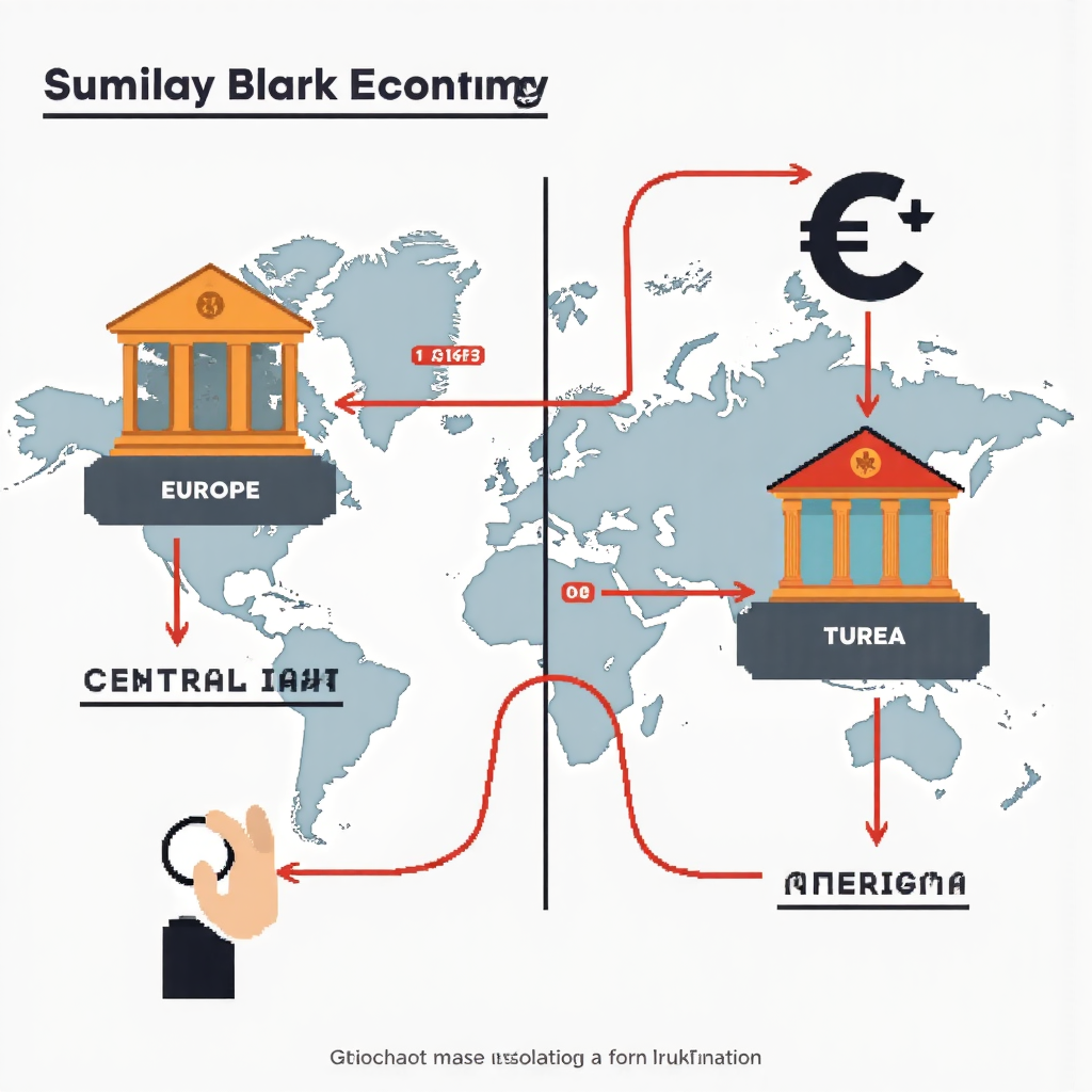 全球經濟互聯的資訊圖示意，包含歐美央行與貨幣交換箭頭的像素藝術