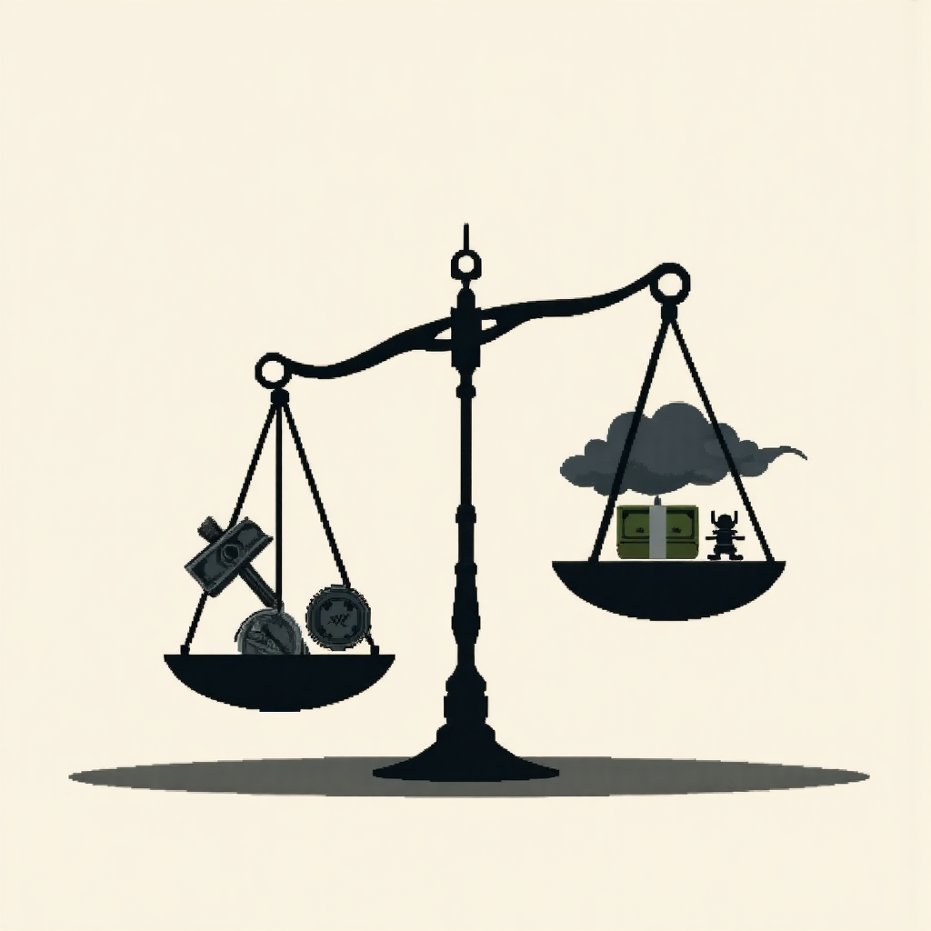 平衡秤一邊是小額初始投資，另一邊是大潛在利潤，底下有微妙警告符號，對抗由暴風雲代表的高風險