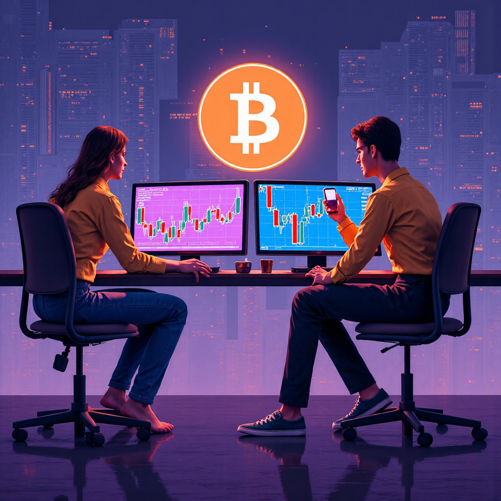 比特幣圖表分析的像素藝術插圖,展示多元人群在未來螢幕前研究比特幣趨勢