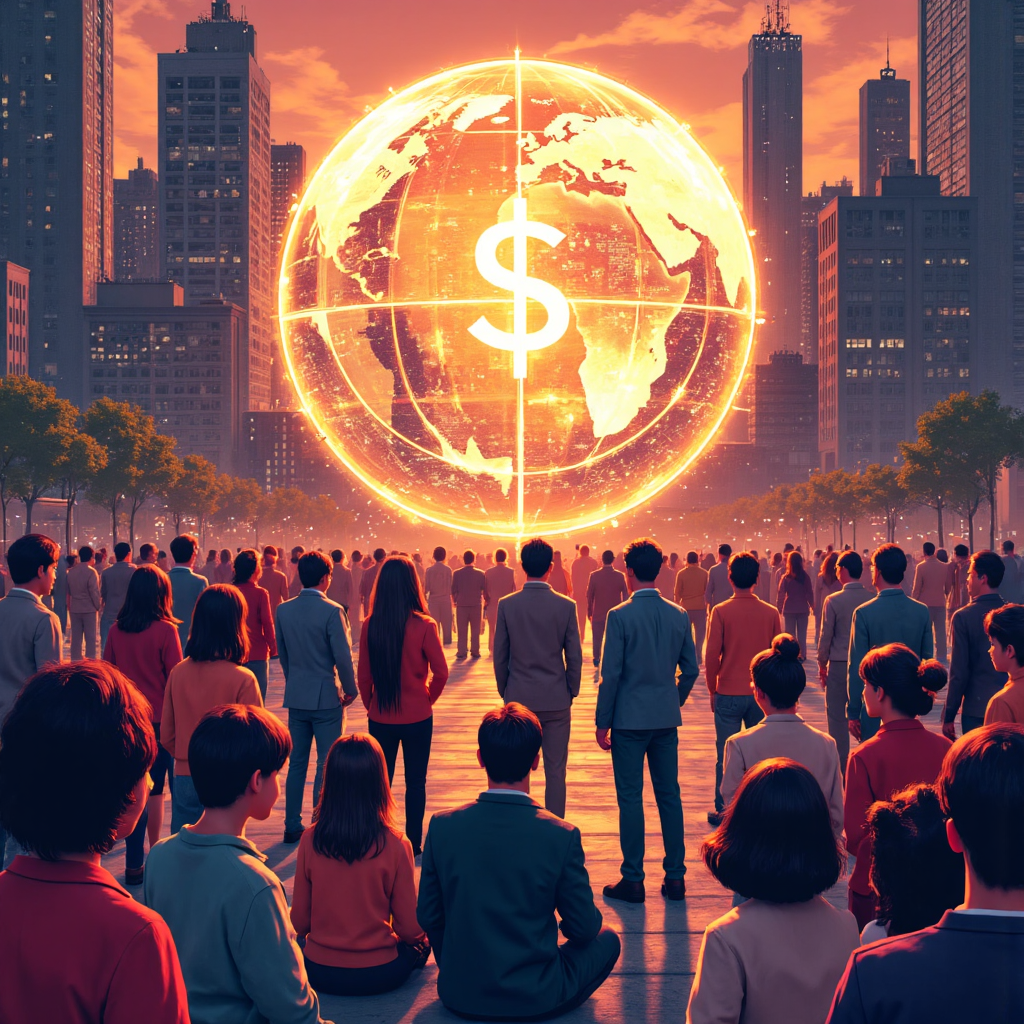 多元群體圍繞發光全息地球顯示貨幣符號的像素藝術插圖,背景為動感城市景觀,以溫暖色調呈現