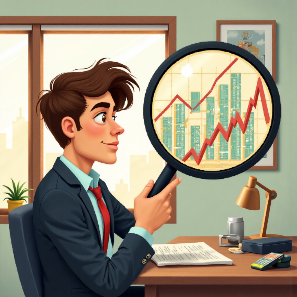 好奇投資者手持複雜財務圖表，用放大鏡聚焦上漲股價，旁邊有代表時間價值的風格化時鐘，柔和金色光線