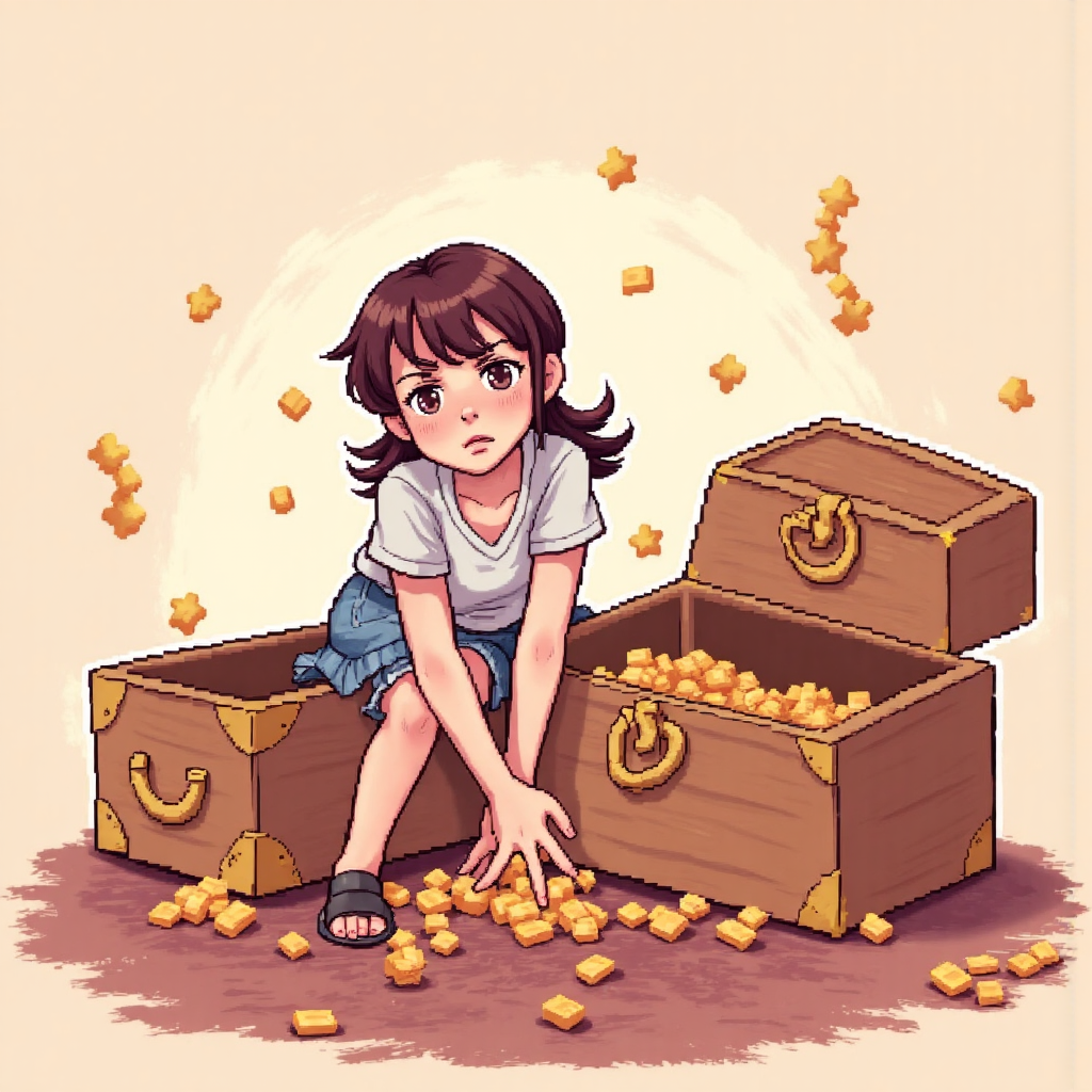 像素藝術風格的貪婪象徵:人物擔憂地伸手觸碰溢滿寶箱的財寶,柔和粉彩色調