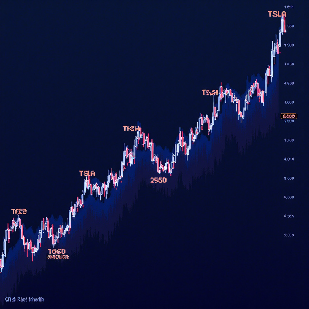 TSLA 盤後股價走勢的像素藝術圖示，顯示向上趨勢的發光線條