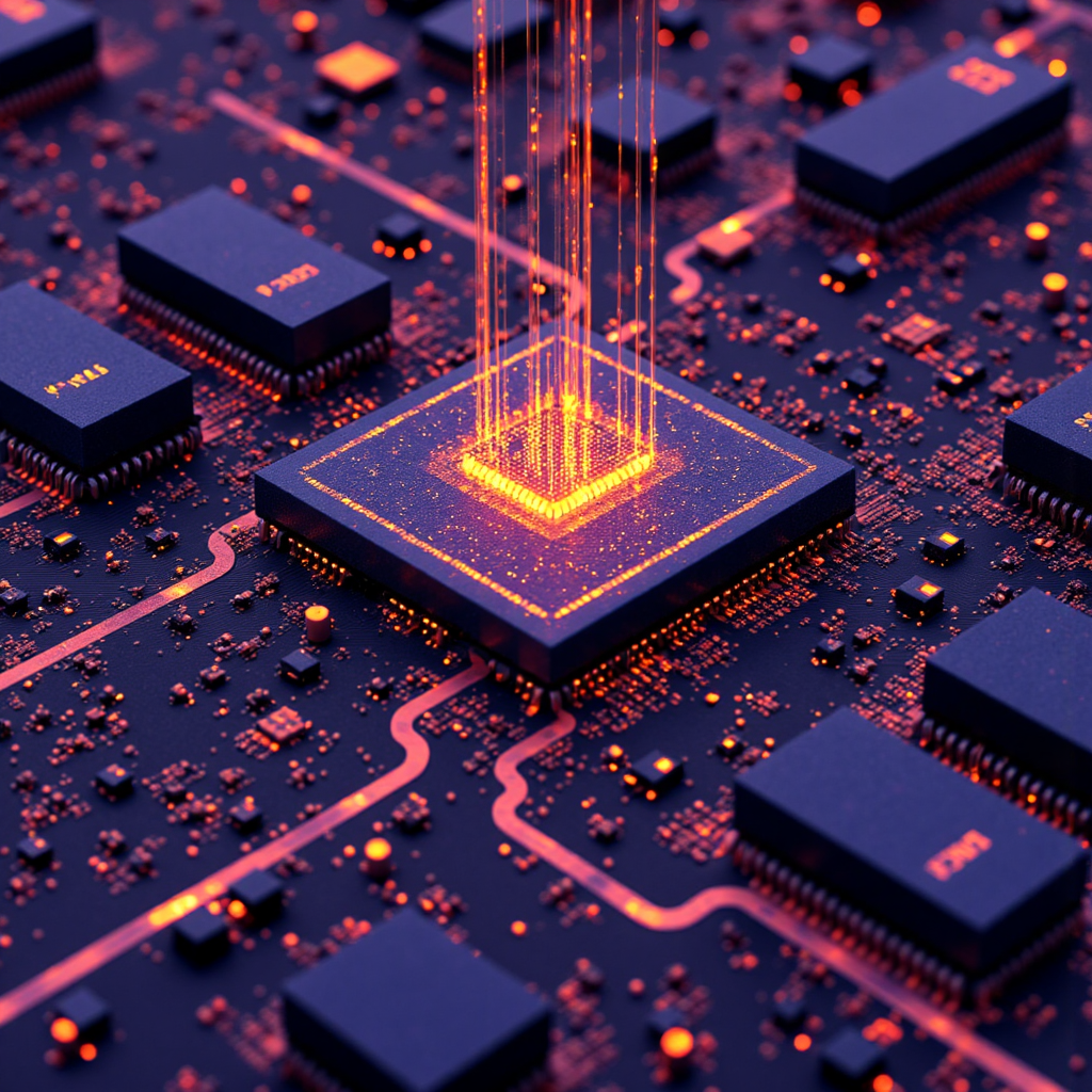 像素藝術風格的電腦主機板，發光電路與抽象數據流代表記憶體完整性的奇偶校驗，溫暖橙色與深紫色調