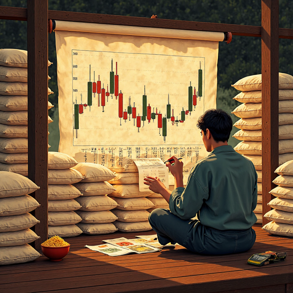 日本米商繪製K線圖的像素藝術插圖,象徵歷史交易與市場數據