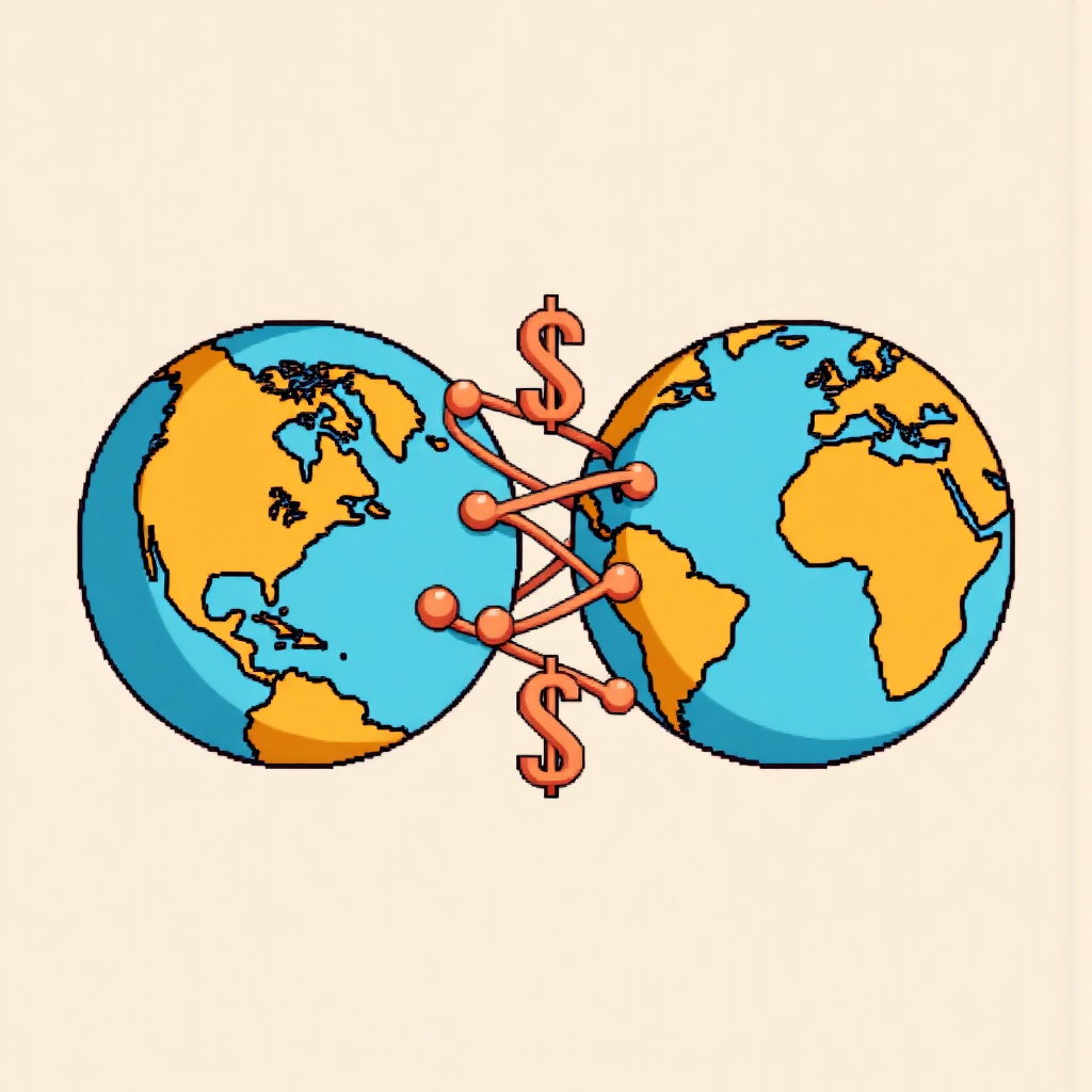 澳洲與美國大陸之間連結的貨幣符號像素藝術圖