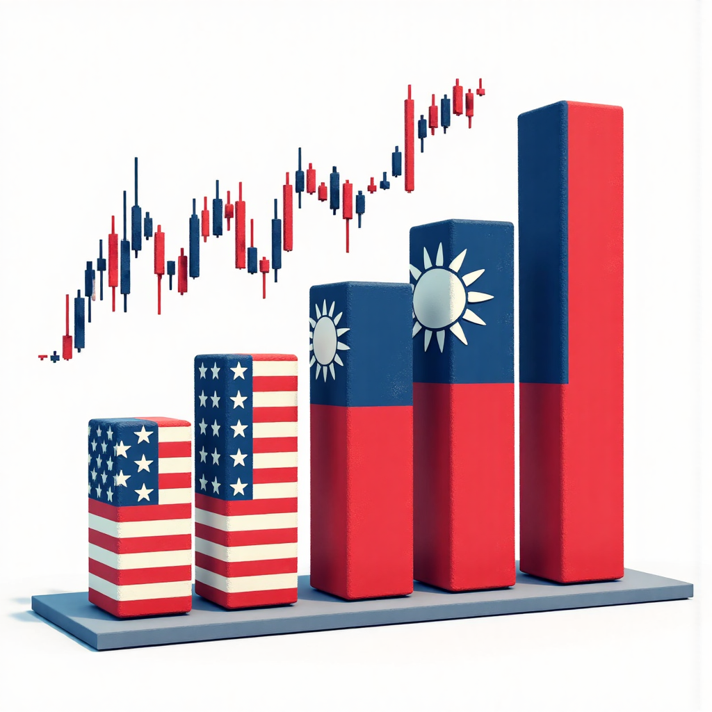 美國非農就業數據經濟圖表與美台旗幟連結的像素藝術插圖