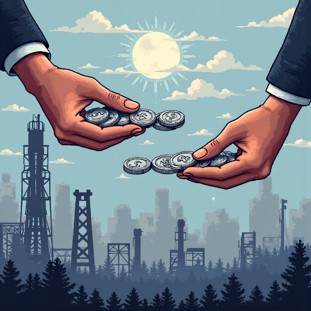 抽象像素藝術圖像，描繪雙手交換鉑金幣與齒輪，象徵工業需求下的市場交易