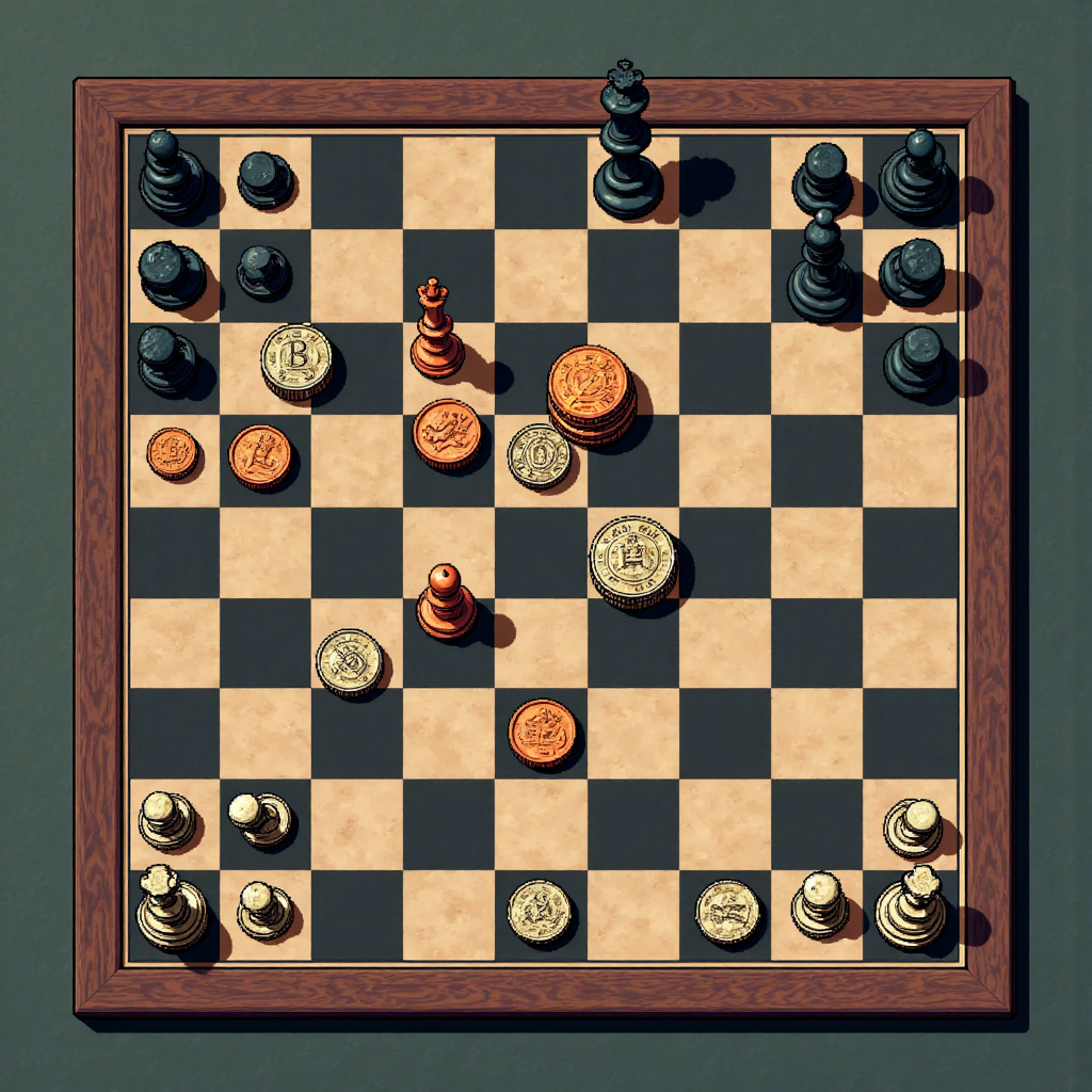 像素藝術風格的棋盤圖像,展示信用違約交換 CDS 中信用事件對債券風險的影響