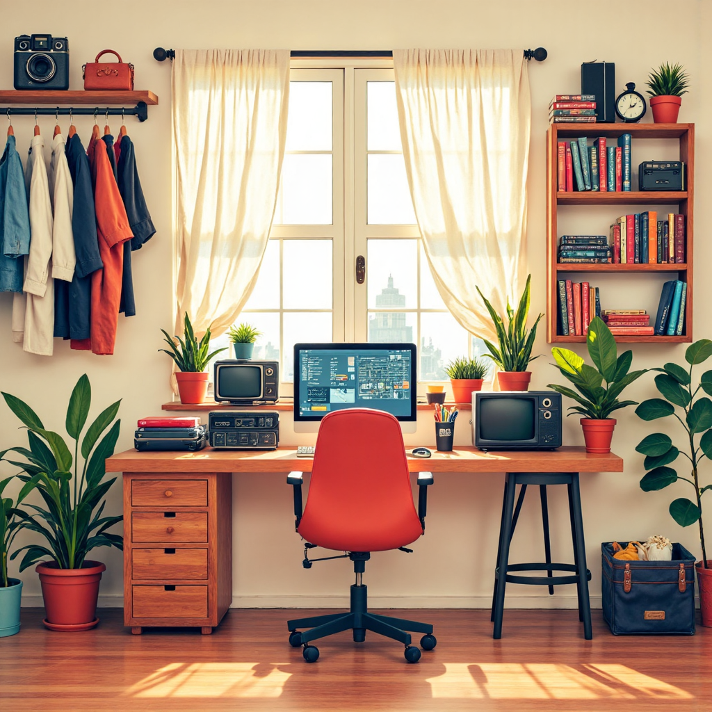 像素藝術風格的二手物品如電子產品、書籍和衣物整齊排列在明亮的工作室桌面