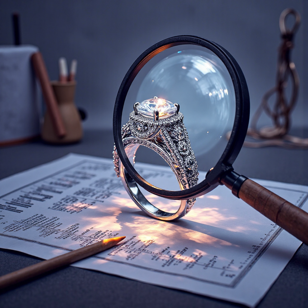 概念像素藝術插圖，銀白鉑金戒指在放大鏡下細察，背景融入圖表與柔和光芒