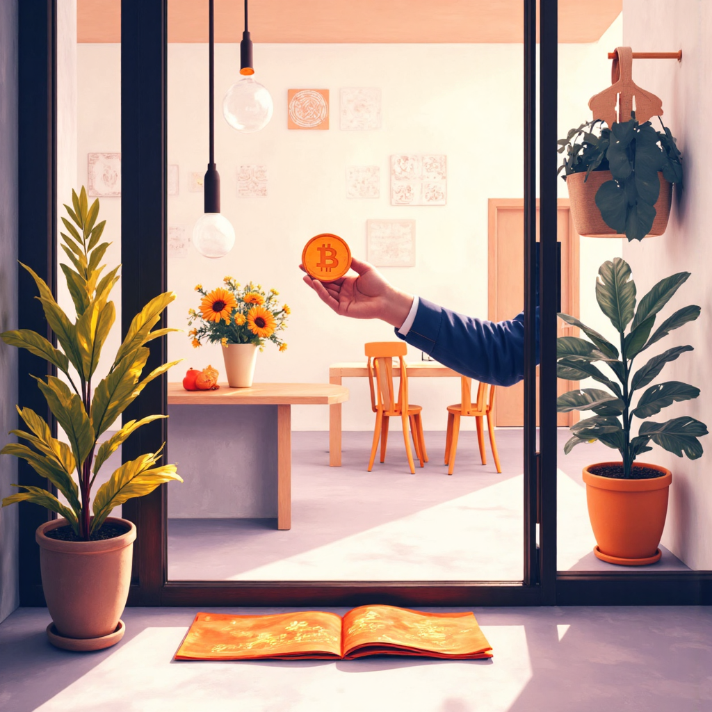 比特幣交易的像素藝術插圖,手部互動交換比特幣用於商品與服務的現代介面